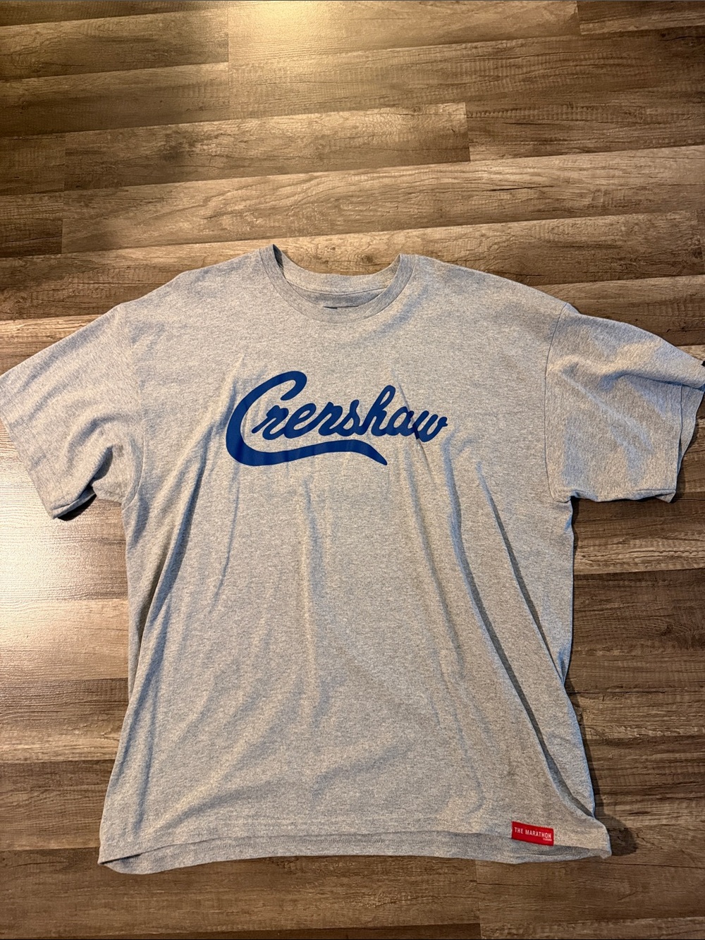 The Marathon Crenshaw Graphic Crew Neck T-Shirt - Gray with Blue Logo